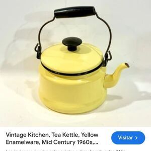 Antique Mid Century Enamelware Metal Teapot Kettle Small Yellow And Back White